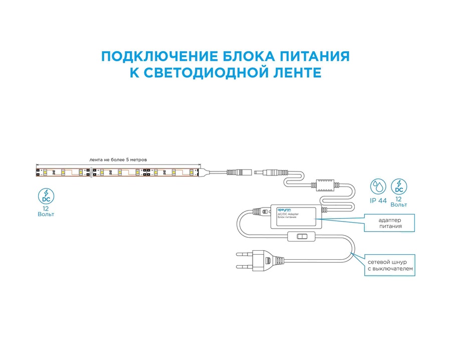 Блок питания 12В, 72Вт, IP44, 6А, разъём 2,5х5,5 мм, 133х62х39 мм 