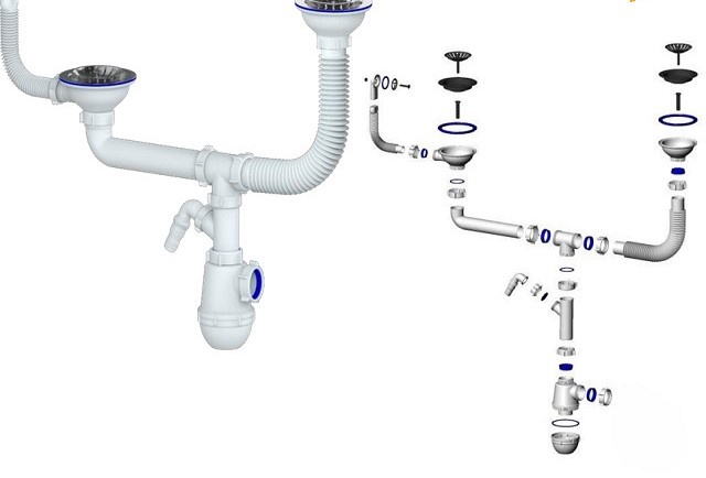 Сифон для кухни с круглым переливом, двойной, с выпусками 1 1/2" (40мм), Unicorn