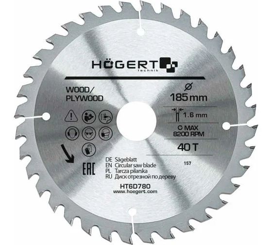 Диск пильный по дереву HOEGERT хром 185х40Tх30 мм. Mn65 арт. HT6D780 