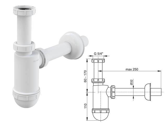 Сифон для умывальника O32 c накидной гайкой 5/4, Alcaplast